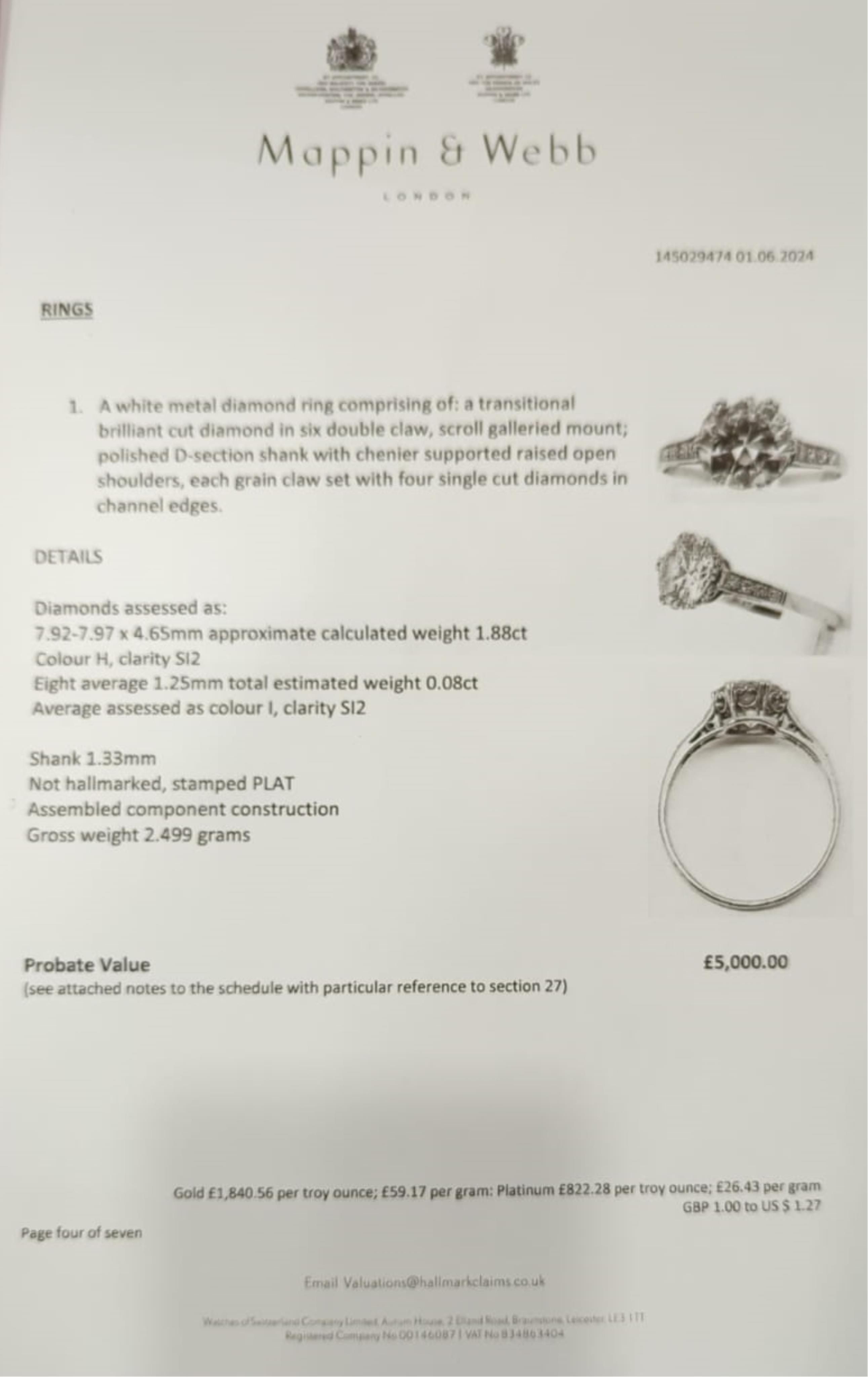 A platinum and single stone diamond set ring, with graduated eight stone diamond chip set shoulders, with a Mappin & Webb probate valuation dated 01/06/2024